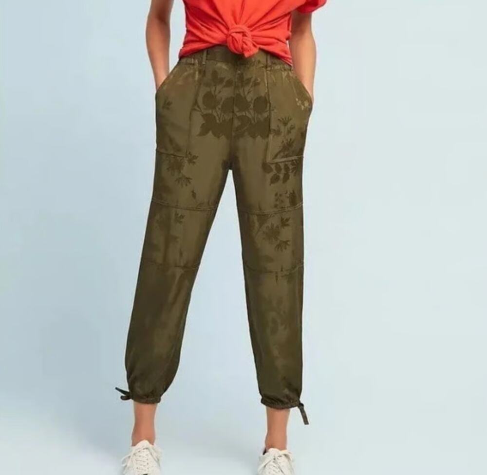 Anthropologie olive green floral embroidered jacquard jogger pants